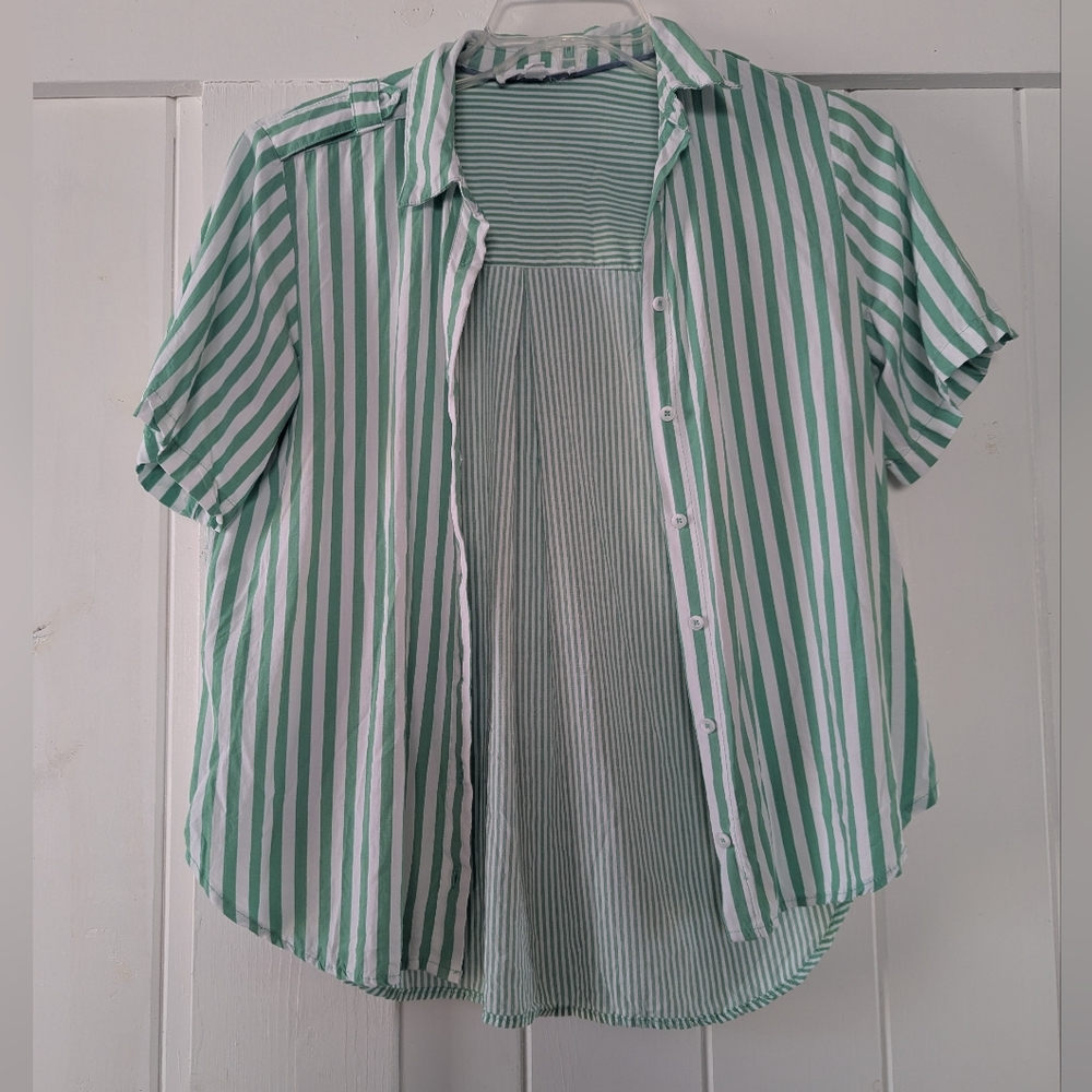 Green and White Striped Button Down Shirt